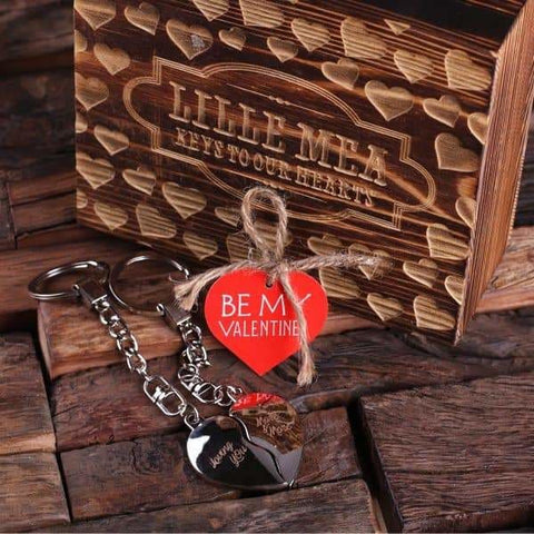 Image of Personalized Valentines Day Double Heart Key Chains with Wood Gift Box - Assorted - Valentines