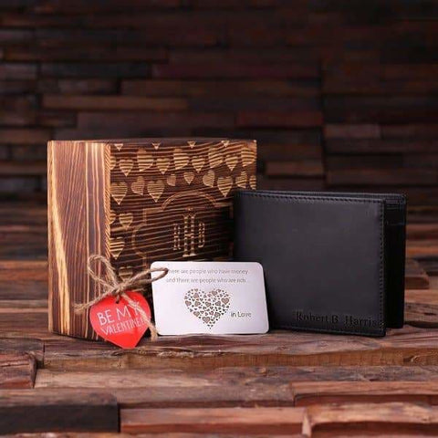 Image of Personalized Valentines Day Engraved Monogrammed Mens Leather Wallet Black or Brown with Metal Gift Card & Wood Box - Assorted - Valentines