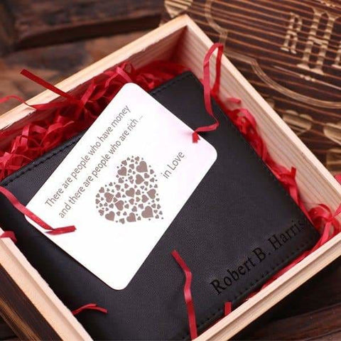 Image of Personalized Valentines Day Engraved Monogrammed Mens Leather Wallet Black or Brown with Metal Gift Card & Wood Box - Assorted - Valentines