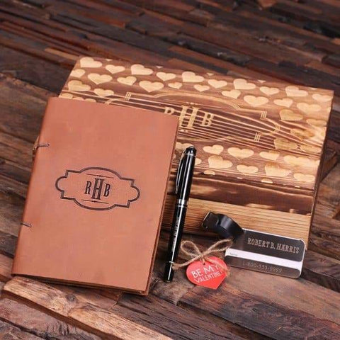 Image of Personalized Valentines Day Leather Journal Luggage Tag & Pen with Wood Gift Box - Assorted - Valentines