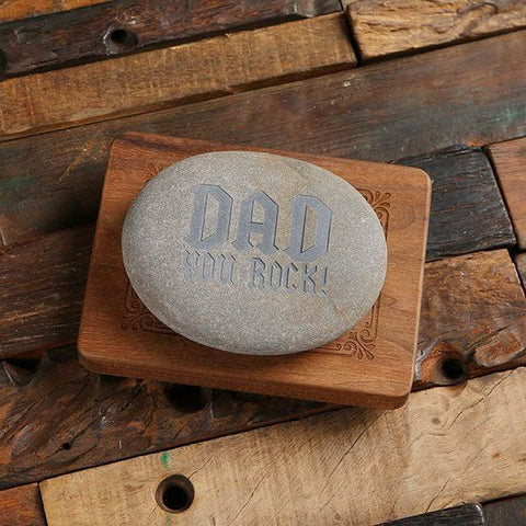 Image of Personalized Walnut Desktop Stand and Sandblasted Rock with Gift Box and Bag - Assorted Fathers Day