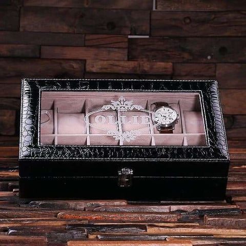Image of Personalized Watch Box in Burgundy & Black Crocodile - Boxes - Watches