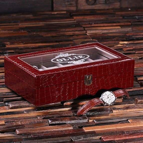 Image of Personalized Watch Box in Burgundy & Black Crocodile - Boxes - Watches