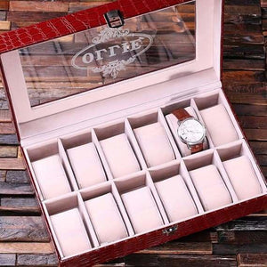 Personalized Watch Box in Burgundy & Black Crocodile - Boxes - Watches
