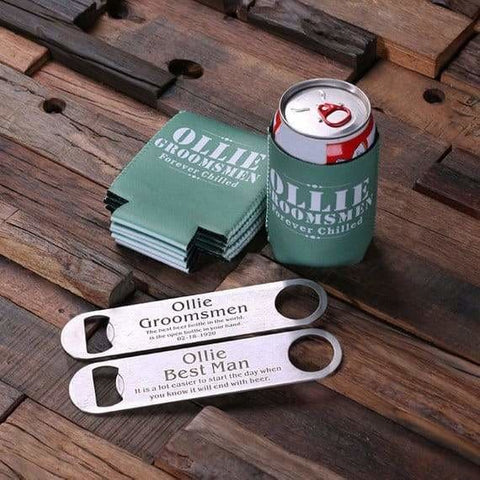 Image of Personalized Wedding Beer Can Holder and Steel Beer Bottle Opener - Writing - Pens