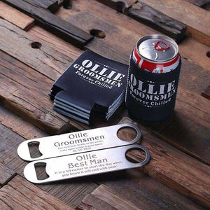 Personalized Wedding Beer Can Holder and Steel Beer Bottle Opener - Writing - Pens