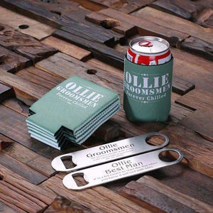 Personalized Wedding Beer Can Holder and Steel Beer Bottle Opener - Writing - Pens
