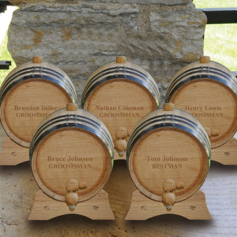 Image of Personalized Whiskey Barrel - Set of 5 - Oak - Groomsmen - 2 Liters - 2Lines - Barware