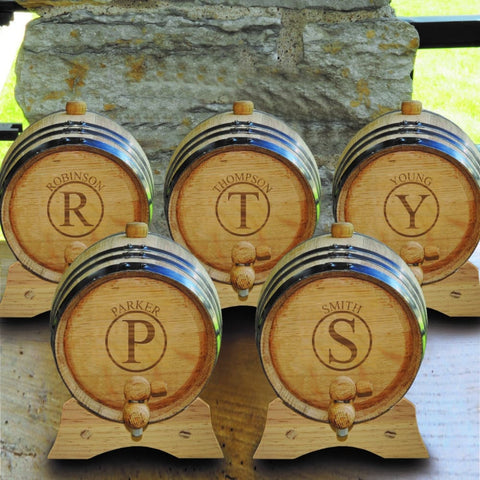 Image of Personalized Whiskey Barrel - Set of 5 - Oak - Groomsmen - 2 Liters - Circle - Barware