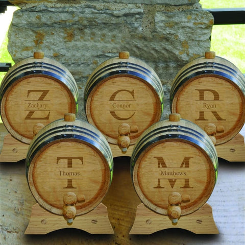 Image of Personalized Whiskey Barrel - Set of 5 - Oak - Groomsmen - 2 Liters - Stamped - Barware
