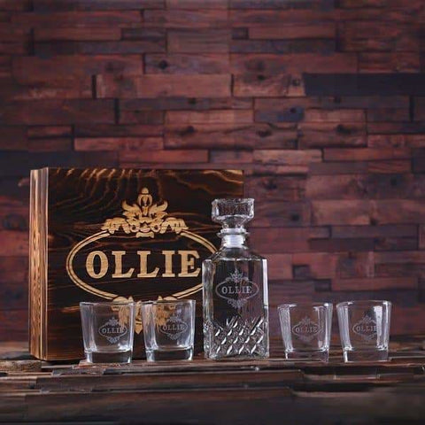 Image of Personalized Whiskey Decanter 4 Whiskey Glasses and Wood Box - Decanter - Whiskey Sets