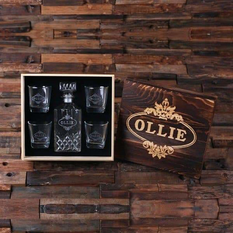 Image of Personalized Whiskey Decanter 4 Whiskey Glasses and Wood Box - Decanter - Whiskey Sets