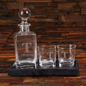 Personalized Whiskey Decanter Glasses & Marble Tray Gift Set - Assorted - Groomsmen