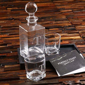 Personalized Whiskey Decanter Glasses & Marble Tray Gift Set - Assorted - Groomsmen