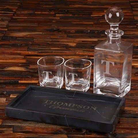 Image of Personalized Whiskey Decanter Glasses & Marble Tray Gift Set - Assorted - Groomsmen