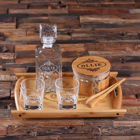 Image of Personalized Whiskey Decanter Set with Ice Bucket with Tongs Whiskey Glasses Wood Tray - Decanter - Whiskey Sets
