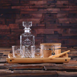 Personalized Whiskey Decanter Set with Ice Bucket with Tongs Whiskey Glasses Wood Tray - Decanter - Whiskey Sets