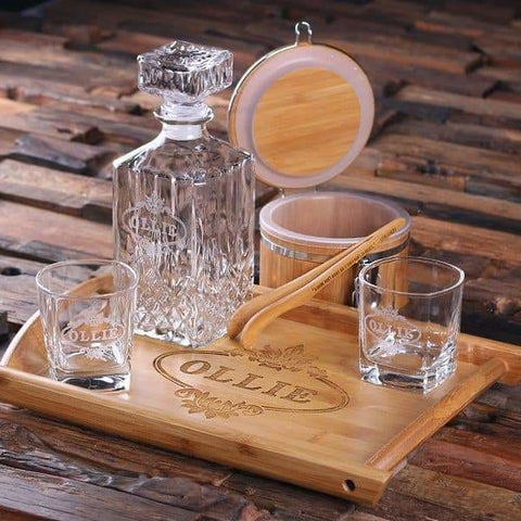 Image of Personalized Whiskey Decanter Set with Ice Bucket with Tongs Whiskey Glasses Wood Tray - Decanter - Whiskey Sets