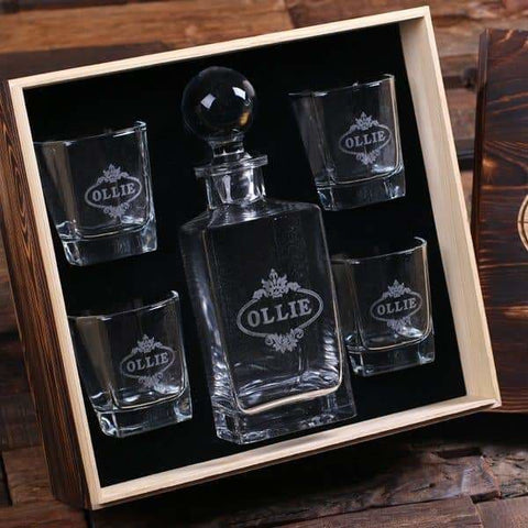 Image of Personalized Whiskey Decanter with Global Bottle Lid 4 Whiskey Glasses and Wood Box B - Decanter - Whiskey Sets