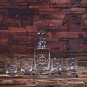 Personalized Whiskey Decanter with Global Bottle Lid 4 Whiskey Glasses and Wood Box B - Decanter - Whiskey Sets