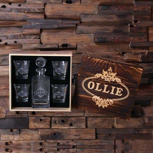 Personalized Whiskey Decanter with Global Bottle Lid 4 Whiskey Glasses and Wood Box B - Decanter - Whiskey Sets