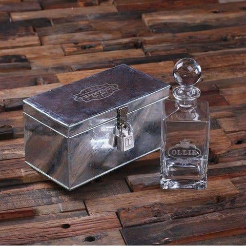 Image of Personalized Whiskey Decanter with Global Bottle Metal Case with Lock - Decanter - Whiskey Sets
