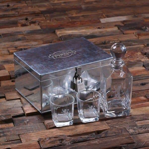 Image of Personalized Whiskey Decanter with Round Bottle Lid 2 Whiskey Glasses and Metal Case with Lock - Decanter - Whiskey Sets