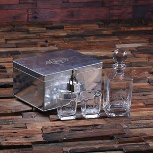 Personalized Whiskey Decanter with Round Bottle Lid 2 Whiskey Glasses and Metal Case with Lock - Decanter - Whiskey Sets