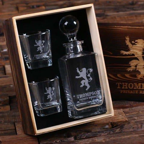 Image of Personalized Whiskey Decanter with Round Bottle Lid 2 Whiskey Glasses and Wood Box A - Decanter - Whiskey Sets