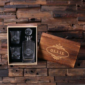 Personalized Whiskey Decanter with Round Bottle Lid 2 Whiskey Glasses and Wood Box B - Decanter - Whiskey Sets