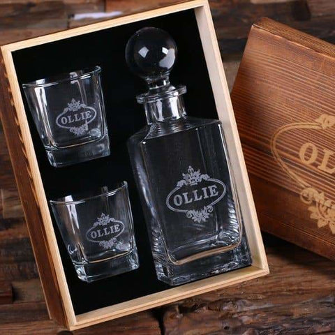 Image of Personalized Whiskey Decanter with Round Bottle Lid 2 Whiskey Glasses and Wood Box B - Decanter - Whiskey Sets