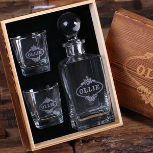 Personalized Whiskey Decanter with Round Bottle Lid 2 Whiskey Glasses and Wood Box B - Decanter - Whiskey Sets