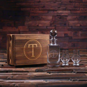 Personalized Whiskey Decanter with Round Bottle Lid 2 Whiskey Sniffers and Wood Box - Decanter - Whiskey Sets