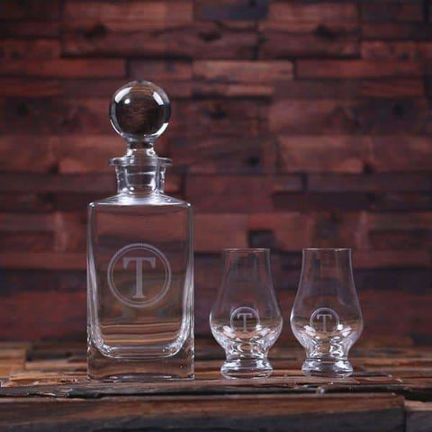 Image of Personalized Whiskey Decanter with Round Bottle Lid 2 Whiskey Sniffers and Wood Box - Decanter - Whiskey Sets