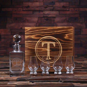 Personalized Whiskey Decanter with Round Bottle Lid 4 Whiskey Sniffers and Wood Box - Decanter - Whiskey Sets