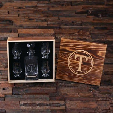 Image of Personalized Whiskey Decanter with Round Bottle Lid 4 Whiskey Sniffers and Wood Box - Decanter - Whiskey Sets