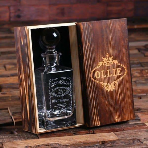 Image of Personalized Whiskey Decanter with Round Bottle Lid and Wood Box B - Decanter - Whiskey Sets