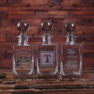 Personalized Whiskey Decanter with Round Bottle Lid and Wood Box C - Decanter - Whiskey Sets