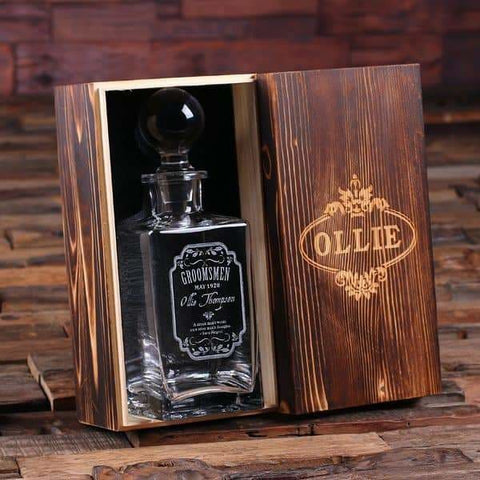 Image of Personalized Whiskey Decanter with Round Bottle Lid and Wood Box C - Decanter - Whiskey Sets