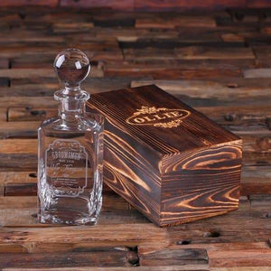Personalized Whiskey Decanter with Round Bottle Lid and Wood Box C - Decanter - Whiskey Sets