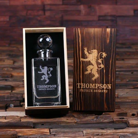 Image of Personalized Whiskey Decanter with Round Bottle Lid and Wood Box - Decanter - Whiskey Sets
