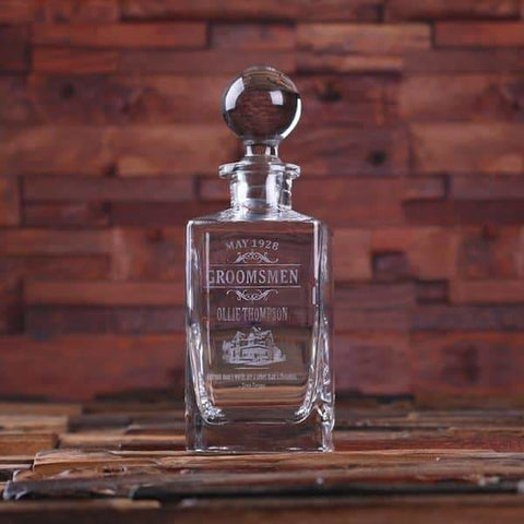 Image of Personalized Whiskey Decanter with Round Bottle Lid and Wood Box E - Decanter - Whiskey Sets