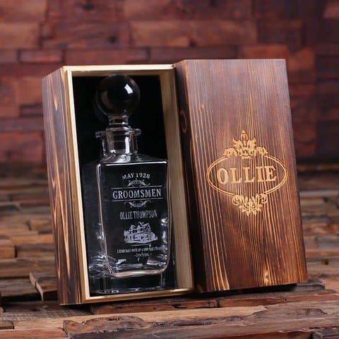 Image of Personalized Whiskey Decanter with Round Bottle Lid and Wood Box E - Decanter - Whiskey Sets