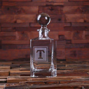Personalized Whiskey Decanter with Round Bottle Lid and Wood Box F - Decanter - Whiskey Sets