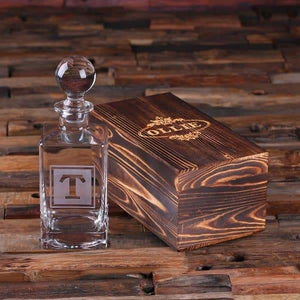 Personalized Whiskey Decanter with Round Bottle Lid and Wood Box F - Decanter - Whiskey Sets