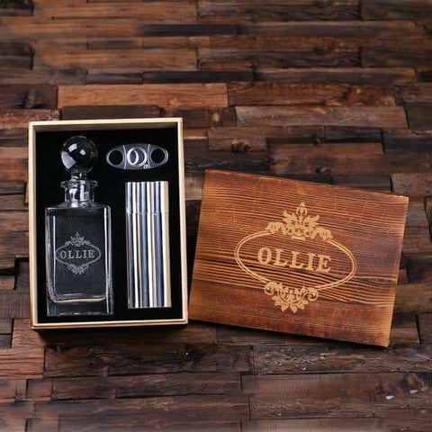 Image of Personalized Whiskey Decanter with Round Bottle Lid Metal Cigar Cutter Cigar Holder Case with Whiskey Flask and Wood Box - Flask Gift Sets