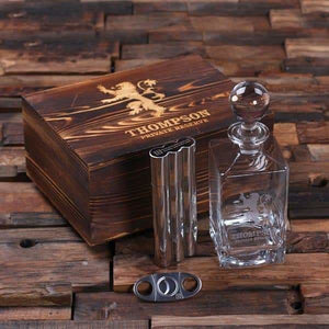 Personalized Whiskey Decanter with Round Bottle Lid Metal Cigar Cutter Cigar Holder Case with Whiskey Flask and Wood Box - Flask Gift Sets