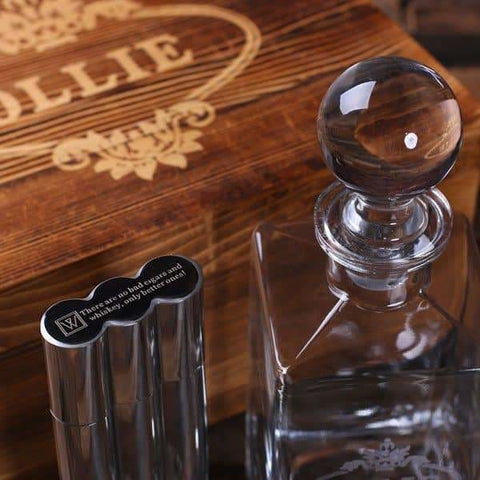 Image of Personalized Whiskey Decanter with Round Bottle Lid Metal Cigar Cutter Cigar Holder Case with Whiskey Flask and Wood Box - Flask Gift Sets