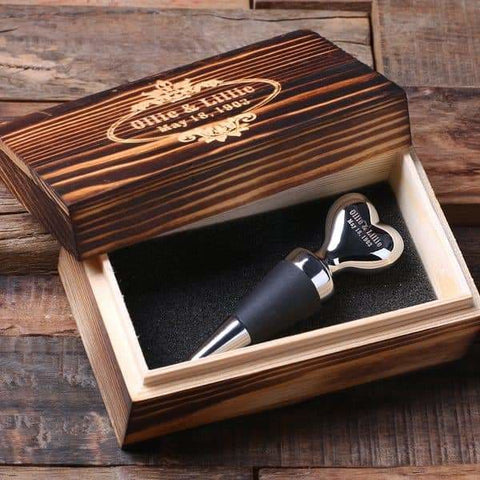 Image of Personalized Wine Heart Shape Stainless Steel Wine Stopper with Wood Gift Box Wedding Couple Gift - Assorted - Beer & Wine