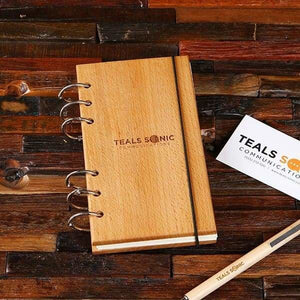 Personalized Wood Notebook with Black Elastic Strap - Desktop Stationery